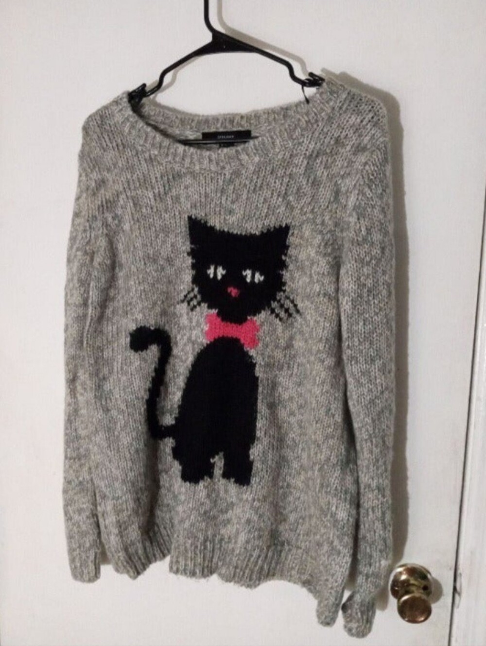 Forever 21 Heathered Black Cat Bow Craze Knit Crewneck Long Sleeve Sweater Sz L